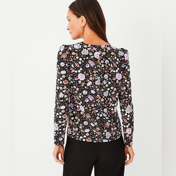 Ann Taylor Top Blouse Floral Pleated Shoulder Puff Sleeve Feminine Casual - Picture 2 of 13